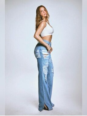 Good American Light Blue High-Rise Distressed Wide-Leg Jeans